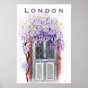 Wisteriasaison in London graue Tür Aquarell Poster