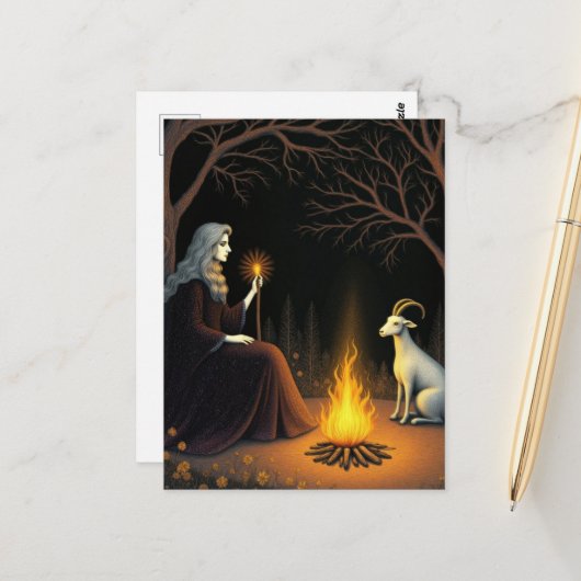 Witch and Goat at a Bonfire Postkarte (Vorderseite/Rückseite Beispiel)