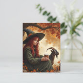 Witch and Pet Goat in Autumn Postkarte (Stehend Vorderseite)