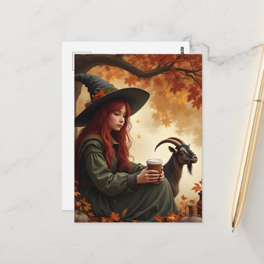 Witch and Pet Goat in Autumn Postkarte (Vorderseite/Rückseite Beispiel)