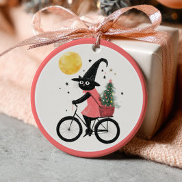 Witch Black Cat Cycling Xmas Tree Witchy Christmas Keramik Ornament