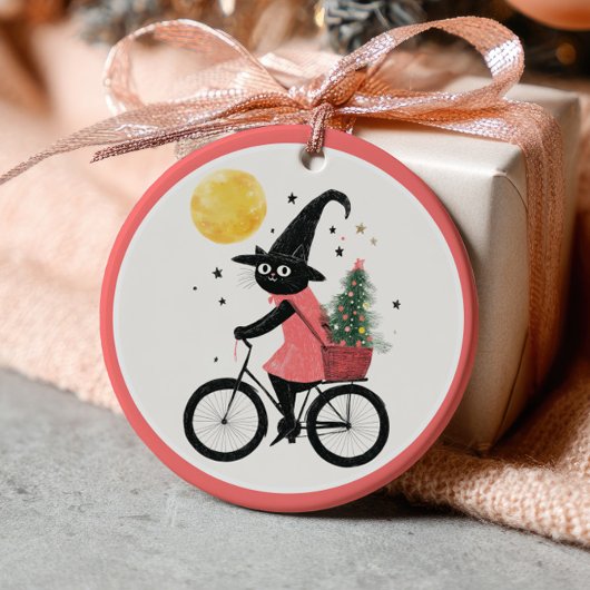 Witch Black Cat Cycling Xmas Tree Witchy Christmas Keramik Ornament