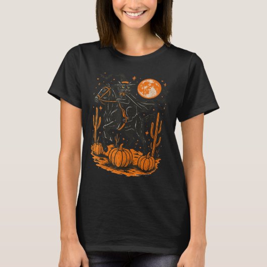 Witch Black Cat Riding Horse Halloween Pumpkin Moo T-Shirt (Vorderseite)