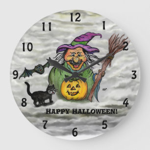 Witch , Cat , Bat and Pumpkin , Happy Halloween ! Große Wanduhr