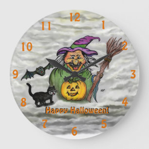 Witch , Cat , Bat and Pumpkin , Happy Halloween ! Große Wanduhr