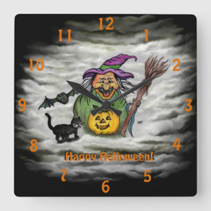 Witch , Cat , Bat and Pumpkin , Happy Halloween ! Quadratische Wanduhr