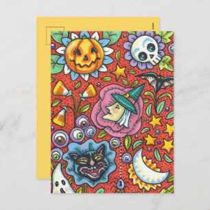 WITCH, CAT, GHOST, FARBIGE HALLOWEEN FOLKGARTEN FEIERTAGSPOSTKARTE