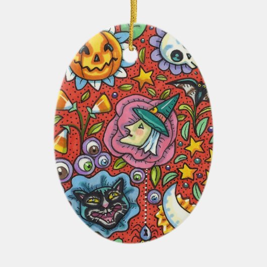 WITCH, CAT, GHOST, FARBIGE HALLOWEEN FOLKGARTEN KERAMIK ORNAMENT (Vorne)