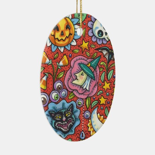 WITCH, CAT, GHOST, FARBIGE HALLOWEEN FOLKGARTEN KERAMIK ORNAMENT (Rechts)