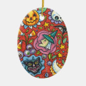WITCH, CAT, GHOST, FARBIGE HALLOWEEN FOLKGARTEN KERAMIK ORNAMENT (Vorne)