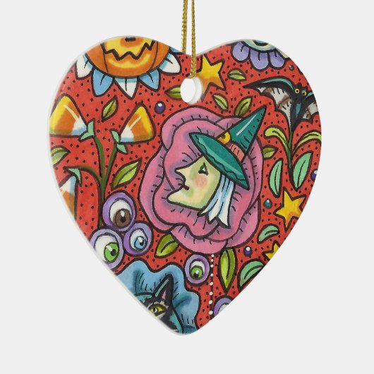 WITCH, CAT, GHOST, FARBIGE HALLOWEEN FOLKGARTEN KERAMIK ORNAMENT (Rechts)