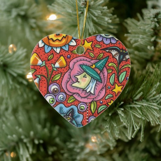 WITCH, CAT, GHOST, FARBIGE HALLOWEEN FOLKGARTEN KERAMIK ORNAMENT (Baum)