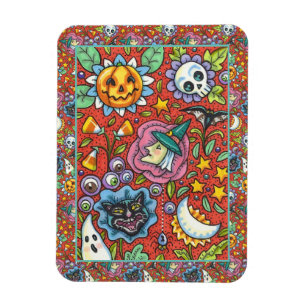 WITCH, CAT, GHOST, FARBIGE HALLOWEEN FOLKGARTEN MAGNET