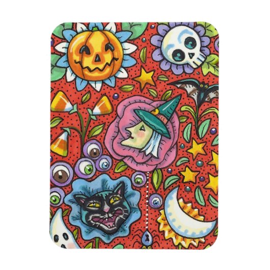 WITCH, CAT, GHOST, FARBIGE HALLOWEEN FOLKGARTEN MAGNET (Vertikal)