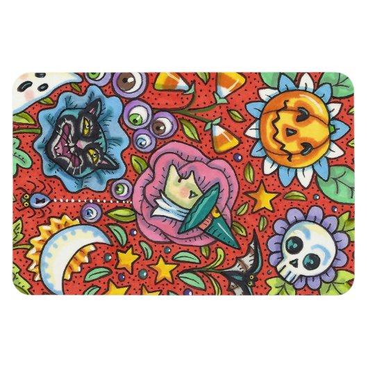 WITCH, CAT, GHOST, FARBIGE HALLOWEEN FOLKGARTEN MAGNET (Horizontal)