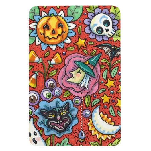 WITCH, CAT, GHOST, FARBIGE HALLOWEEN FOLKGARTEN MAGNET (Vertikal)