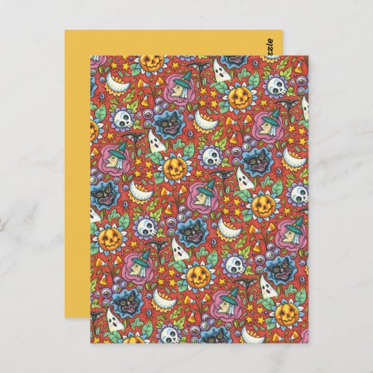 WITCH, CAT, GHOST, FARBIGE HALLOWEEN FOLKGARTEN POSTKARTE (Vorne/Hinten)