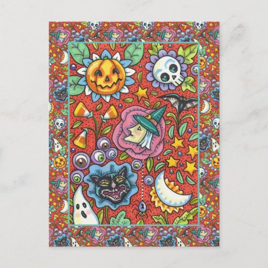 WITCH, CAT, GHOST, FARBIGE HALLOWEEN FOLKGARTEN POSTKARTE (Vorderseite)