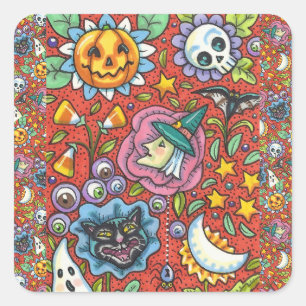 WITCH, CAT, GHOST, FARBIGE HALLOWEEN FOLKGARTEN QUADRATISCHER AUFKLEBER