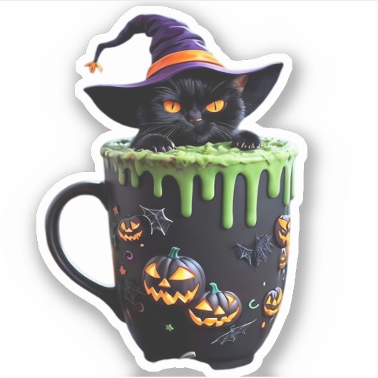 Witch Cat Halloween Coffee Mug � Cute Black Cat wi Aufkleber (Vorderseite)