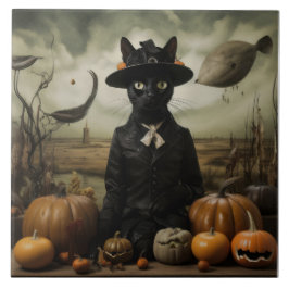 Witch Cat with Pumpkins Fliese
