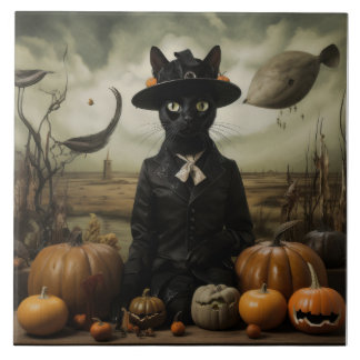 Witch Cat with Pumpkins Fliese