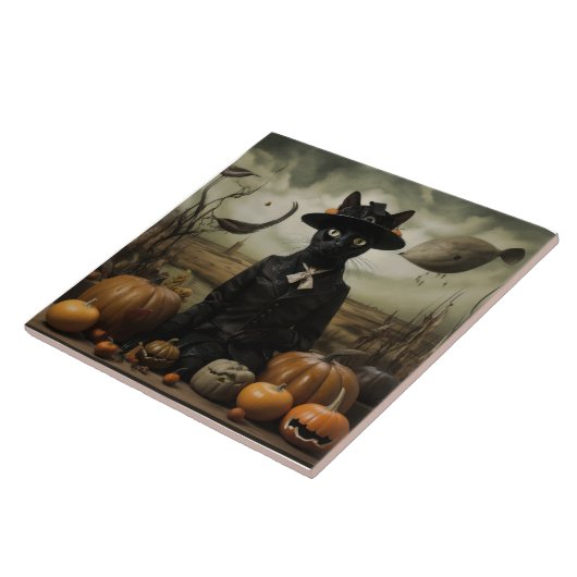 Witch Cat with Pumpkins Fliese (Seite)