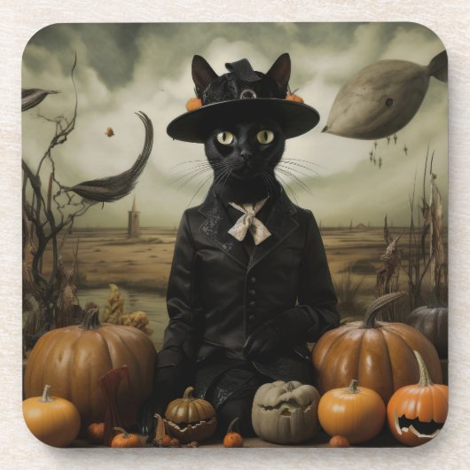 Witch Cat with Pumpkins Getränkeuntersetzer (Vorderseite)