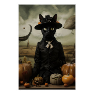 Witch Cat with Pumpkins  Poster