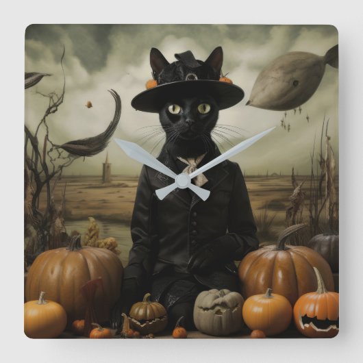 Witch Cat with Pumpkins Quadratische Wanduhr (Vorderseite)