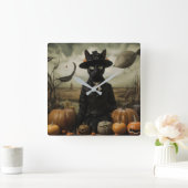 Witch Cat with Pumpkins Quadratische Wanduhr (Zuhause)