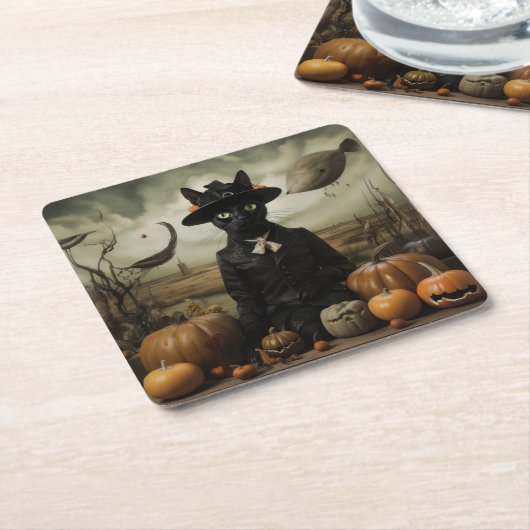 Witch Cat with Pumpkins Rechteckiger Pappuntersetzer (angewinkelt)