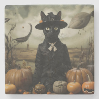 Witch Cat with Pumpkins Steinuntersetzer