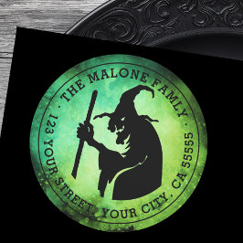 Witch green and black Halloween return address Runder Aufkleber