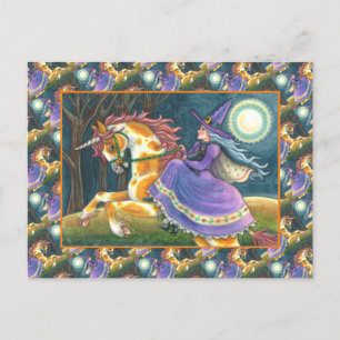 WITCH & HALLOWEEN UNICORN, BLACK CAT Fantasy Horst Feiertagspostkarte