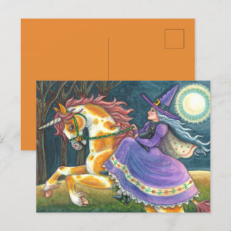 WITCH & HALLOWEEN UNICORN, BLACK CAT Fantasy Horst Feiertagspostkarte