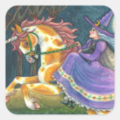 WITCH & HALLOWEEN UNICORN, BLACK CAT Fantasy Horst Quadratischer Aufkleber (Vorderseite)