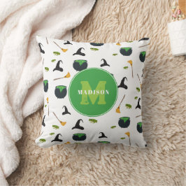 Witch Hat Broom Caldron Halloween Monogram Kissen