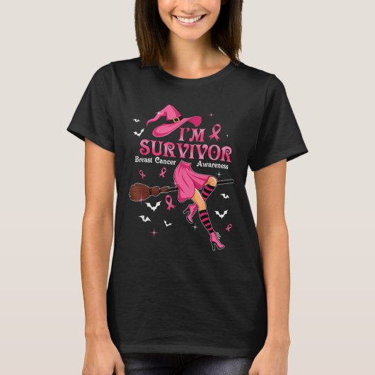 Witch Im A Survivor Halloween Breast Cancer Awaren T-Shirt (Vorderseite)