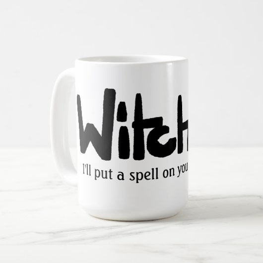 Witch in hand-lettered black ink saying kaffeetasse (Vorderseite Links)