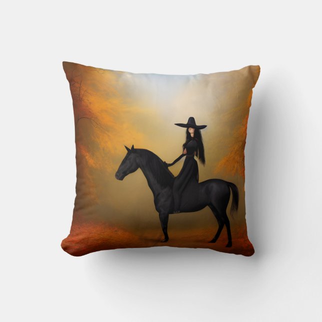 Witch on a Black Horse in Autumn Throw Pillow Kissen (Vorderseite)