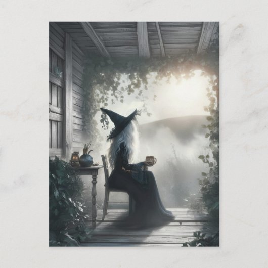 Witch on a Porch With Coffee Postkarte (Vorderseite)