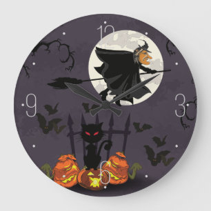 Witch on broomstick, black cat, pumpkins Halloween Große Wanduhr