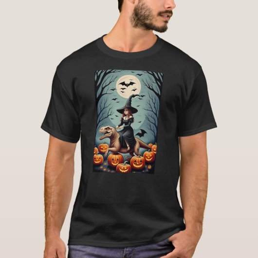 Witch Riding Tyrannosaurus Rex dinosaur in a Pumpk T-Shirt (Vorderseite)