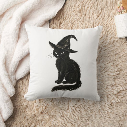 Witch’s Cat – Black Ink Halloween Illustration on Kissen (Decke)