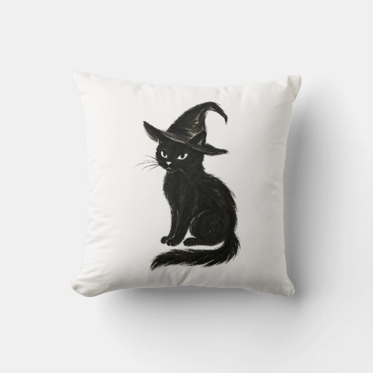 Witch’s Cat – Black Ink Halloween Illustration on Kissen (Vorderseite)
