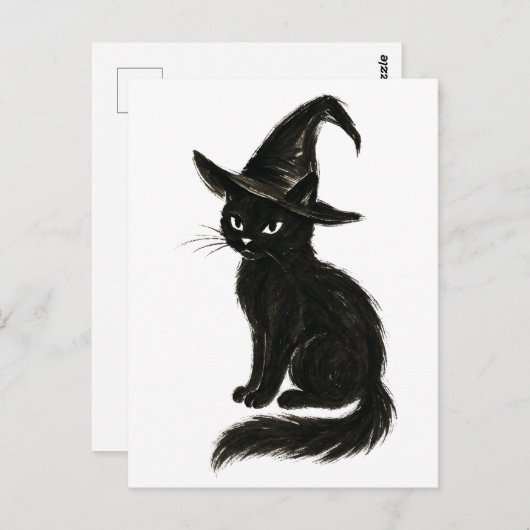 Witch’s Cat – Black Ink Halloween Illustration on Postkarte (Vorne/Hinten)