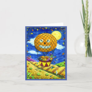 WITCH, SCHWARZE KATZE IN HOT AIR BALLOON FOLK ART  FEIERTAGSKARTE