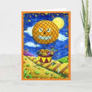 WITCH, SCHWARZE KATZE IN HOT AIR BALLOON FOLK ART FEIERTAGSKARTE