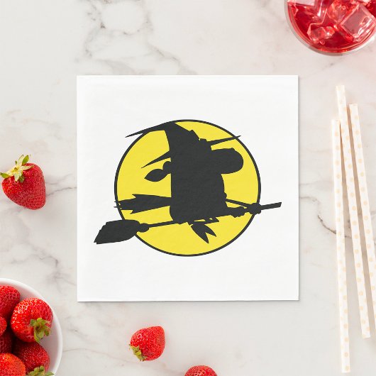 Witch Silhouette Flying on Broom Against Full Moon Serviette